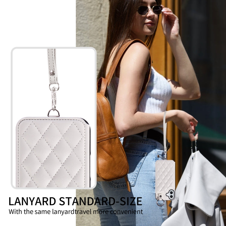 For iPhone 16 Plus Rhombic Texture Card Bag Phone Case with Short Lanyard