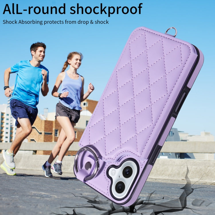 For iPhone 16 Plus Rhombic Texture Card Bag Phone Case with Short Lanyard