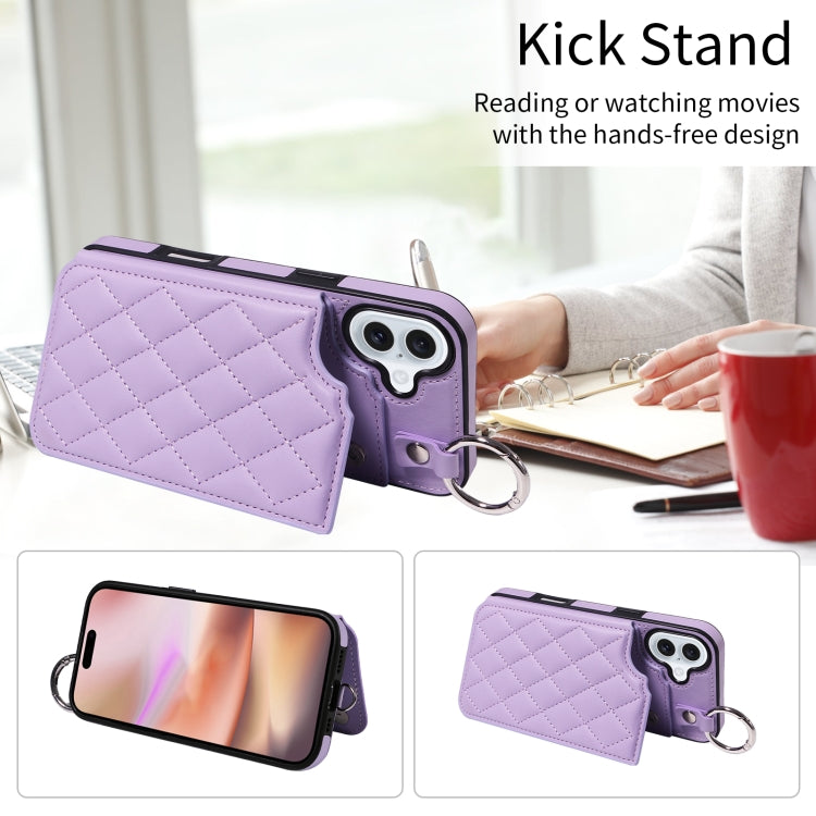 For iPhone 16 Plus Rhombic Texture Card Bag Phone Case with Short Lanyard