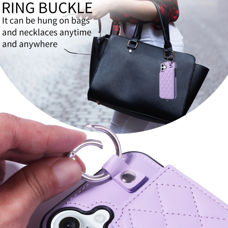 For iPhone 16 Plus Rhombic Texture Card Bag Phone Case with Short Lanyard