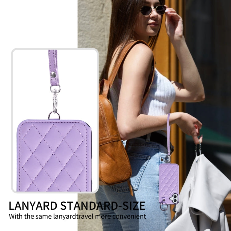 For iPhone 16 Plus Rhombic Texture Card Bag Phone Case with Short Lanyard