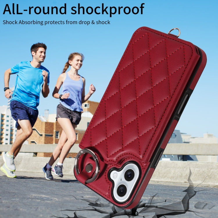 For iPhone 16 Plus Rhombic Texture Card Bag Phone Case with Short Lanyard