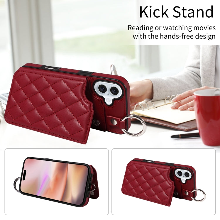 For iPhone 16 Plus Rhombic Texture Card Bag Phone Case with Short Lanyard