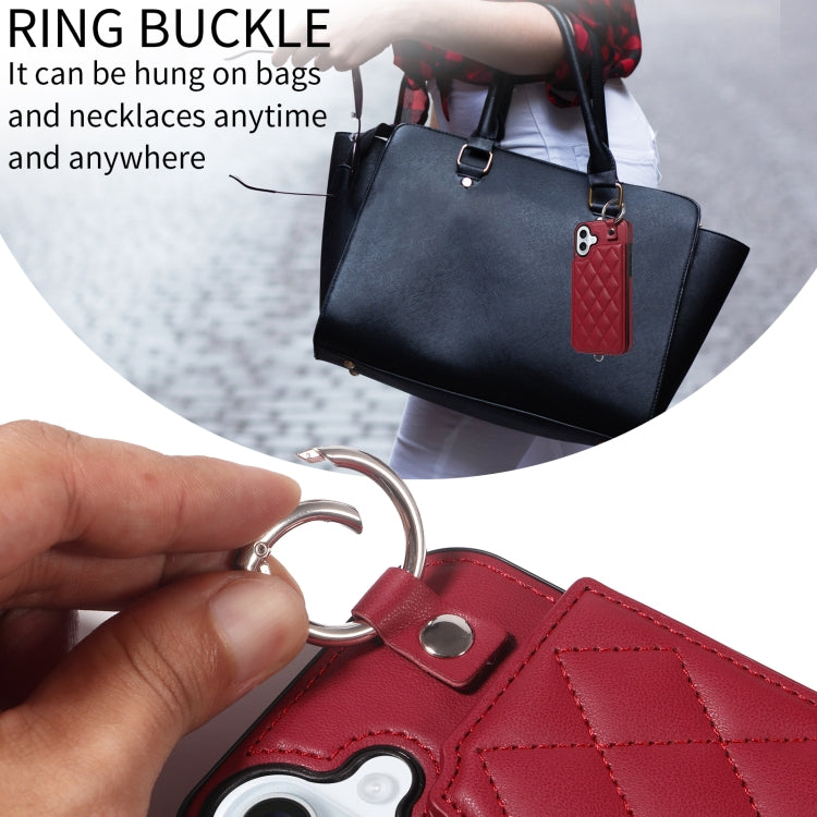 For iPhone 16 Plus Rhombic Texture Card Bag Phone Case with Short Lanyard