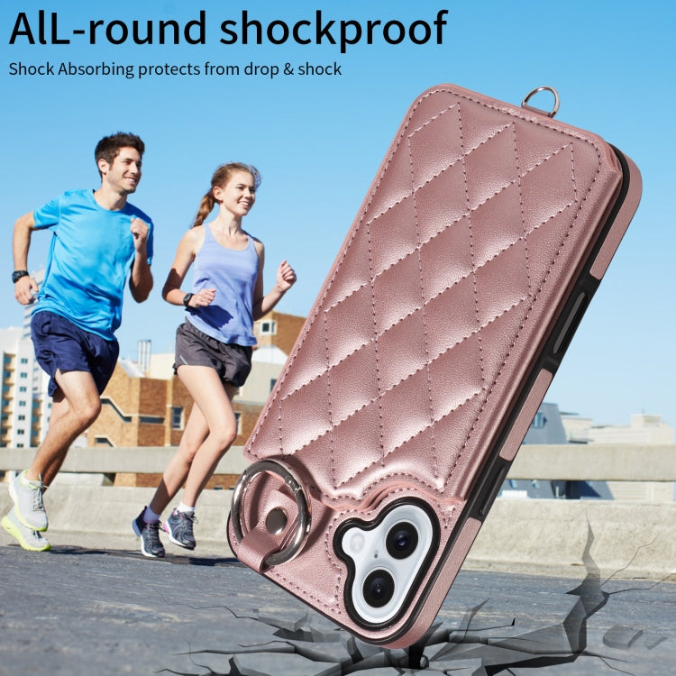 For iPhone 16 Plus Rhombic Texture Card Bag Phone Case with Short Lanyard