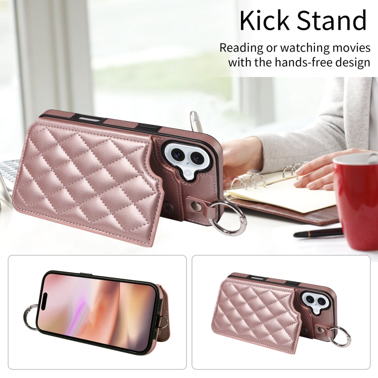 For iPhone 16 Plus Rhombic Texture Card Bag Phone Case with Short Lanyard
