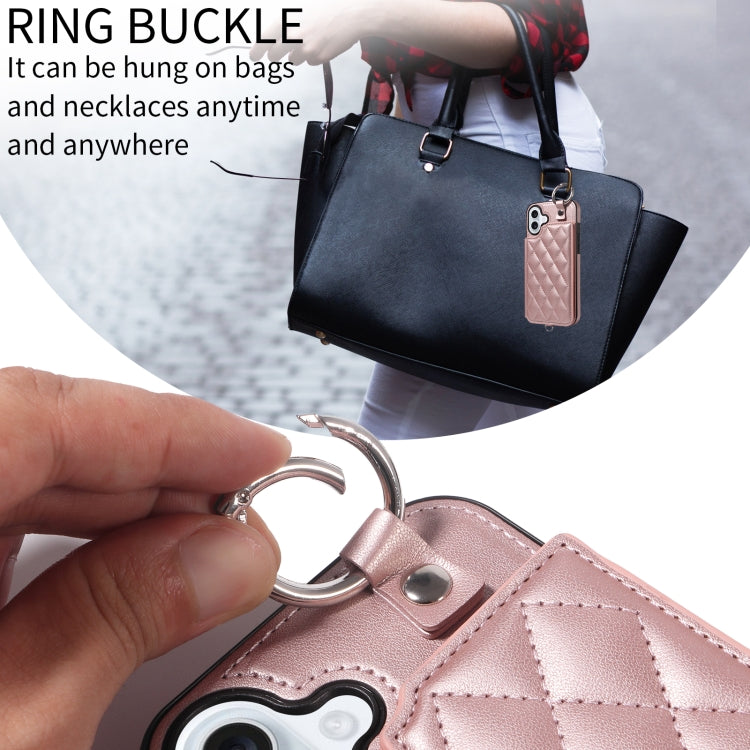 For iPhone 16 Plus Rhombic Texture Card Bag Phone Case with Short Lanyard