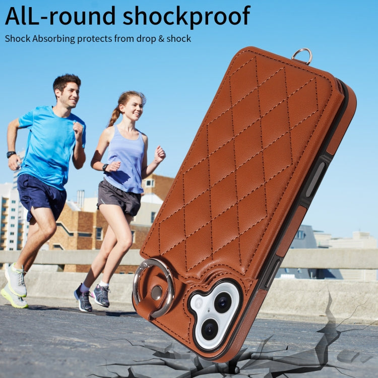 For iPhone 16 Plus Rhombic Texture Card Bag Phone Case with Short Lanyard
