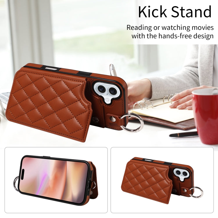 For iPhone 16 Plus Rhombic Texture Card Bag Phone Case with Short Lanyard