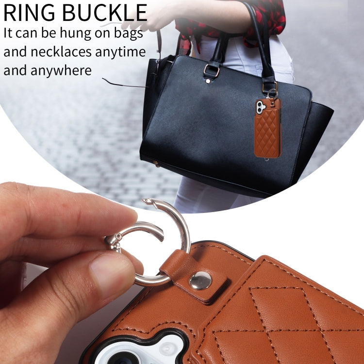For iPhone 16 Plus Rhombic Texture Card Bag Phone Case with Short Lanyard