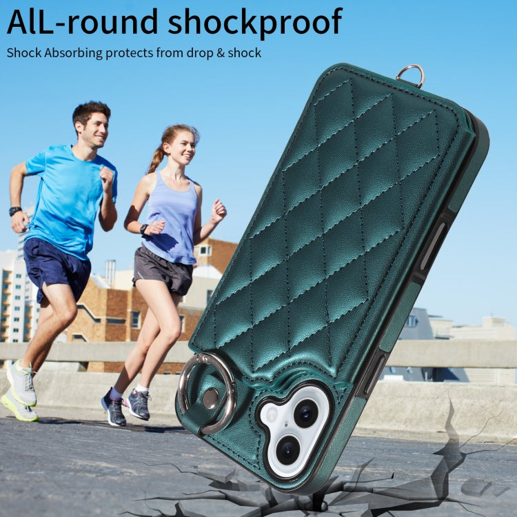For iPhone 16 Plus Rhombic Texture Card Bag Phone Case with Short Lanyard
