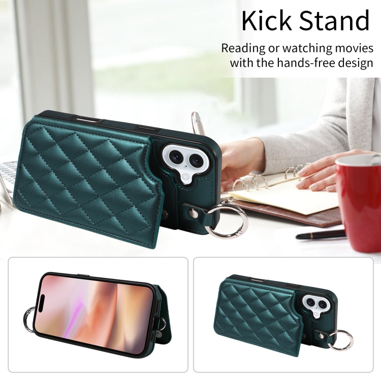 For iPhone 16 Plus Rhombic Texture Card Bag Phone Case with Short Lanyard