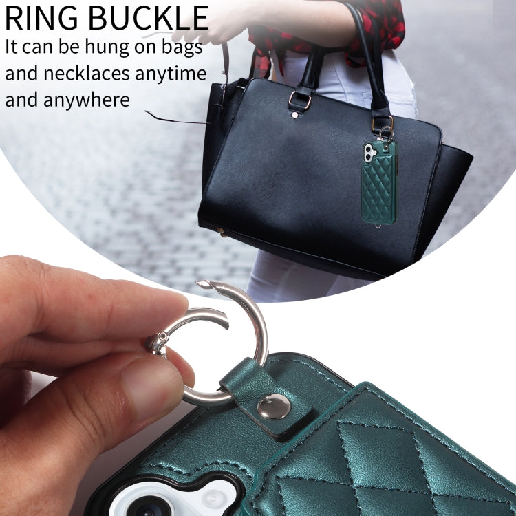 For iPhone 16 Plus Rhombic Texture Card Bag Phone Case with Short Lanyard