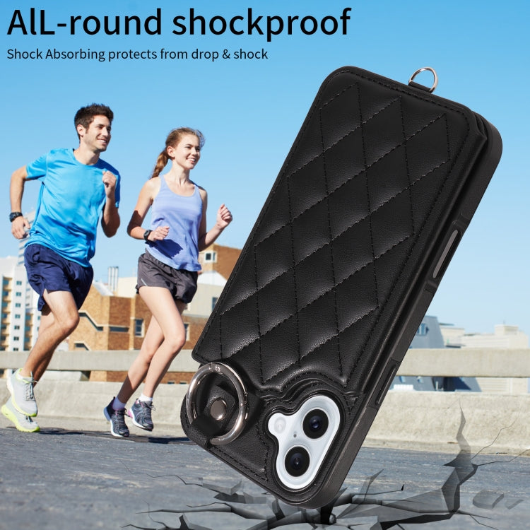 For iPhone 16 Plus Rhombic Texture Card Bag Phone Case with Short Lanyard