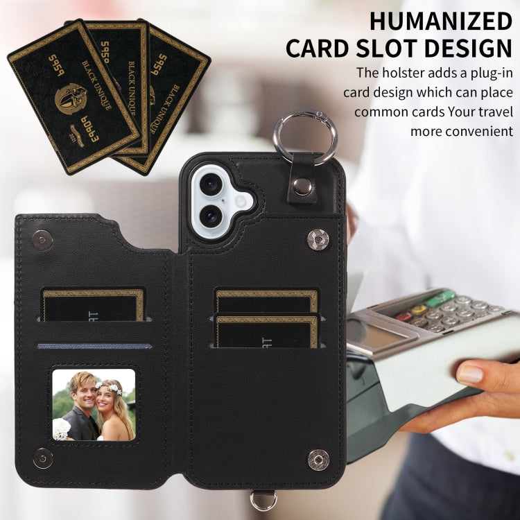 For iPhone 16 Plus Rhombic Texture Card Bag Phone Case with Short Lanyard