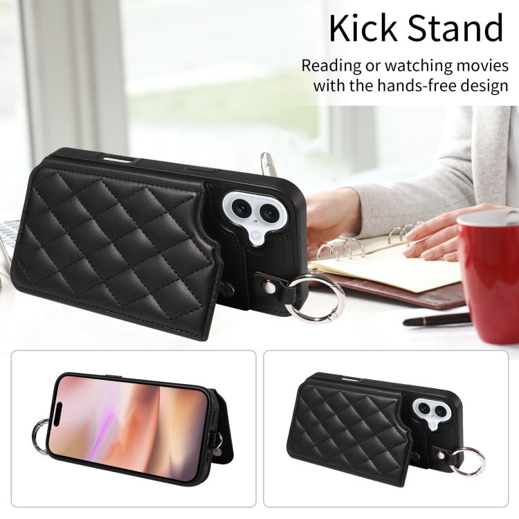 For iPhone 16 Plus Rhombic Texture Card Bag Phone Case with Short Lanyard