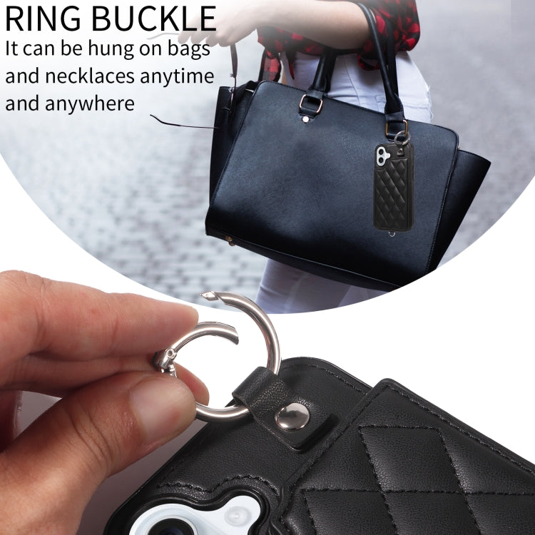 For iPhone 16 Plus Rhombic Texture Card Bag Phone Case with Short Lanyard