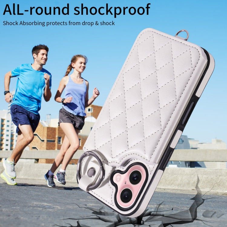 For iPhone 16 Rhombic Texture Card Bag Phone Case with Short Lanyard