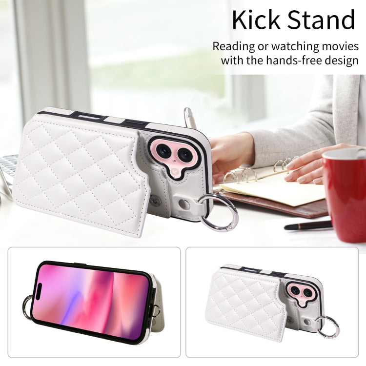 For iPhone 16 Rhombic Texture Card Bag Phone Case with Short Lanyard