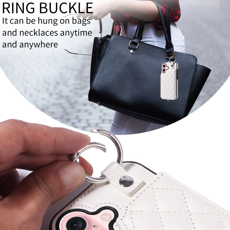 For iPhone 16 Rhombic Texture Card Bag Phone Case with Short Lanyard
