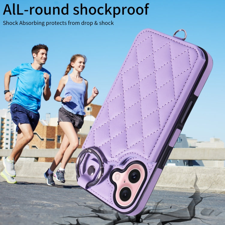 For iPhone 16 Rhombic Texture Card Bag Phone Case with Short Lanyard