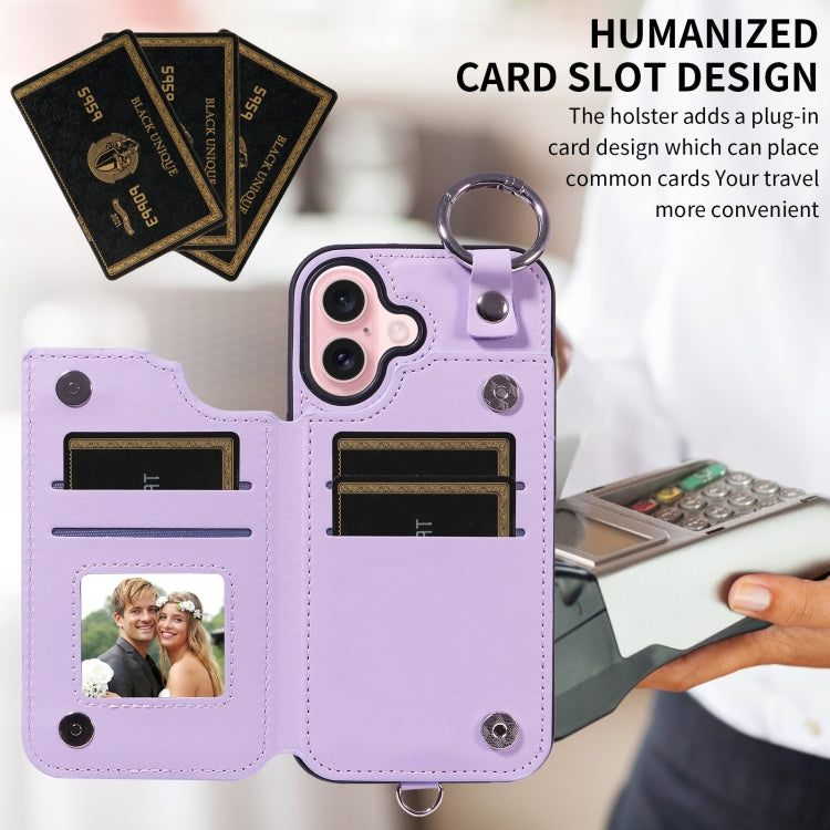 For iPhone 16 Rhombic Texture Card Bag Phone Case with Short Lanyard