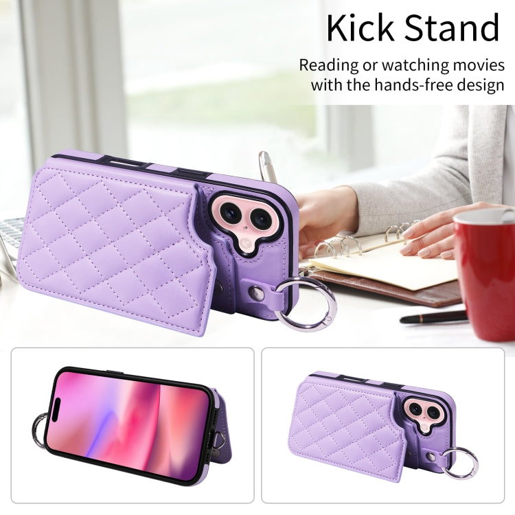 For iPhone 16 Rhombic Texture Card Bag Phone Case with Short Lanyard