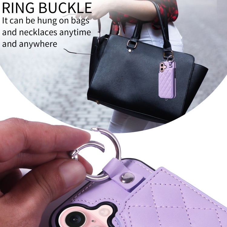 For iPhone 16 Rhombic Texture Card Bag Phone Case with Short Lanyard