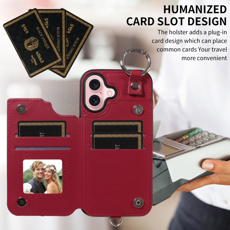 For iPhone 16 Rhombic Texture Card Bag Phone Case with Short Lanyard
