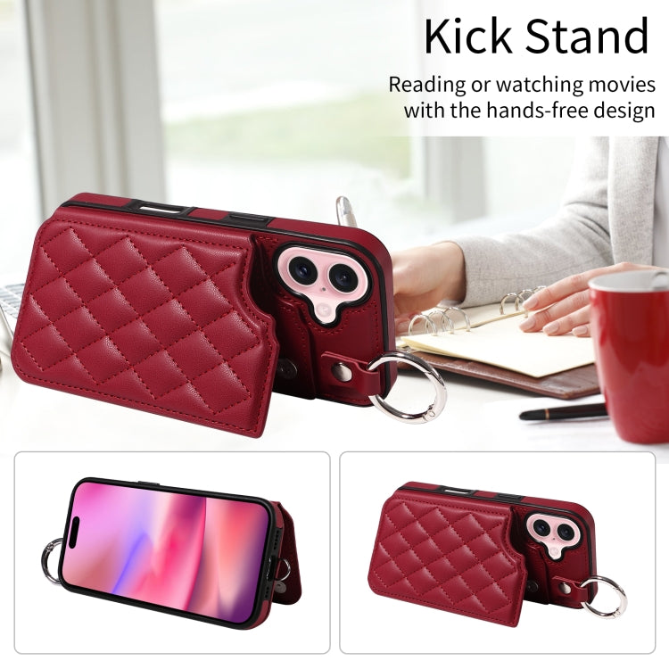 For iPhone 16 Rhombic Texture Card Bag Phone Case with Short Lanyard