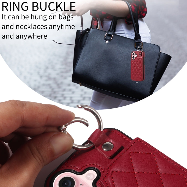 For iPhone 16 Rhombic Texture Card Bag Phone Case with Short Lanyard