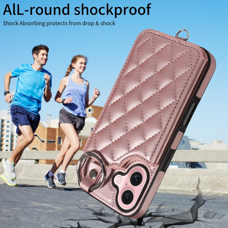 For iPhone 16 Rhombic Texture Card Bag Phone Case with Short Lanyard