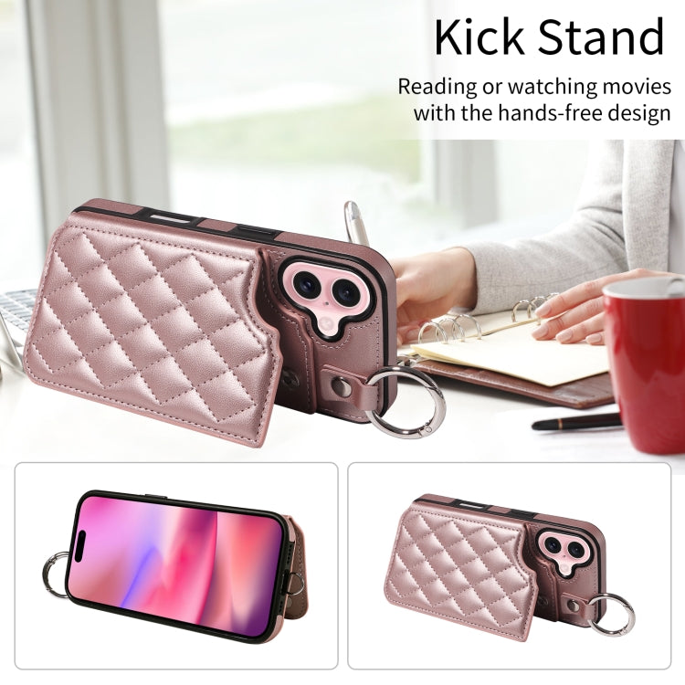 For iPhone 16 Rhombic Texture Card Bag Phone Case with Short Lanyard