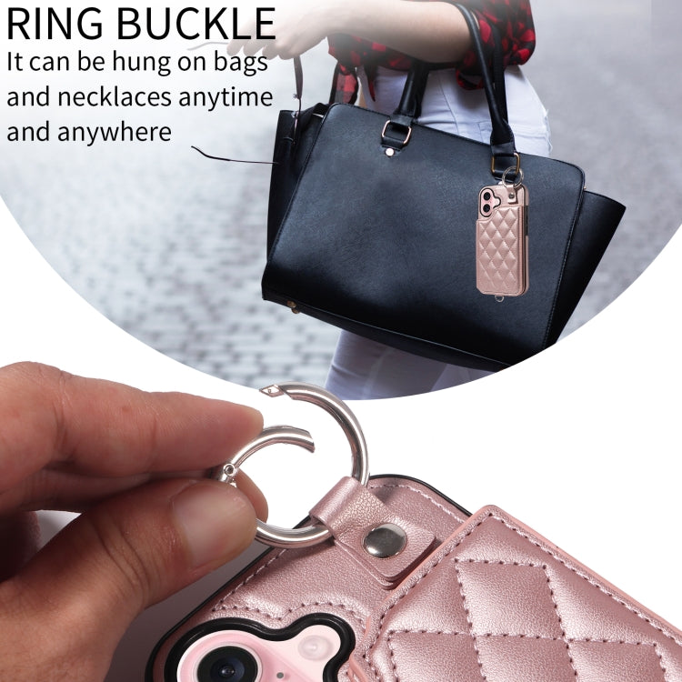 For iPhone 16 Rhombic Texture Card Bag Phone Case with Short Lanyard