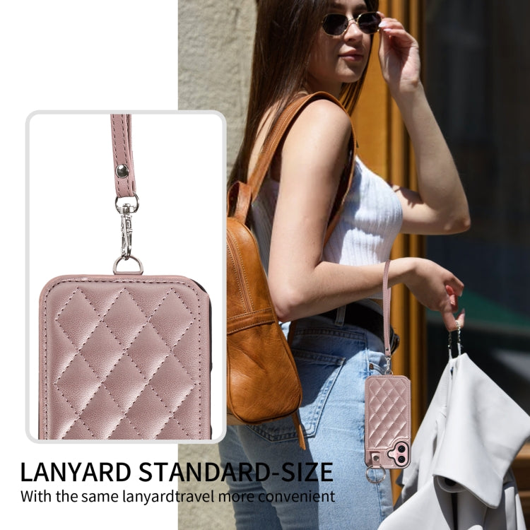 For iPhone 16 Rhombic Texture Card Bag Phone Case with Short Lanyard