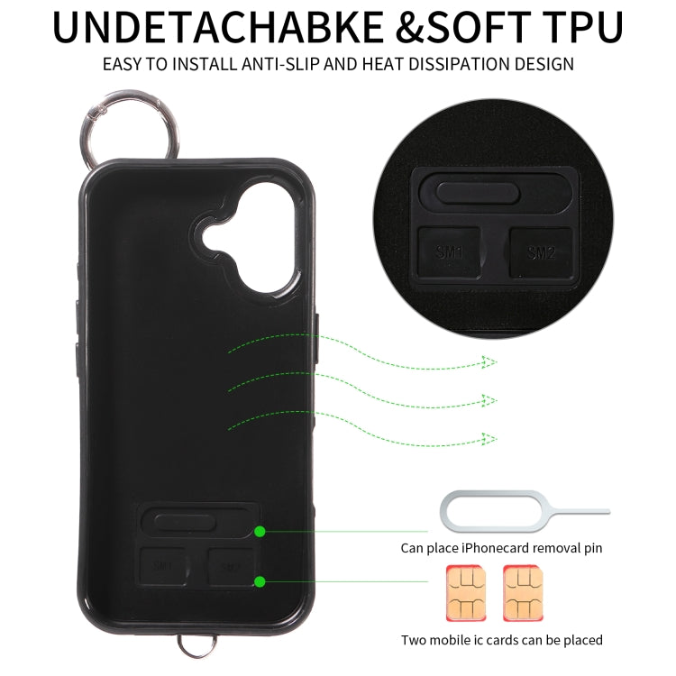 For iPhone 16 Rhombic Texture Card Bag Phone Case with Short Lanyard