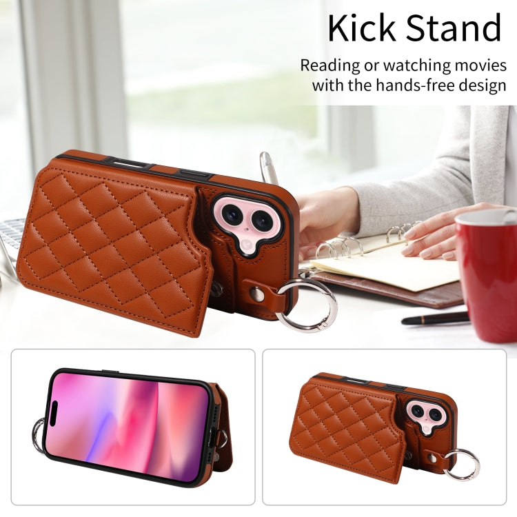 For iPhone 16 Rhombic Texture Card Bag Phone Case with Short Lanyard