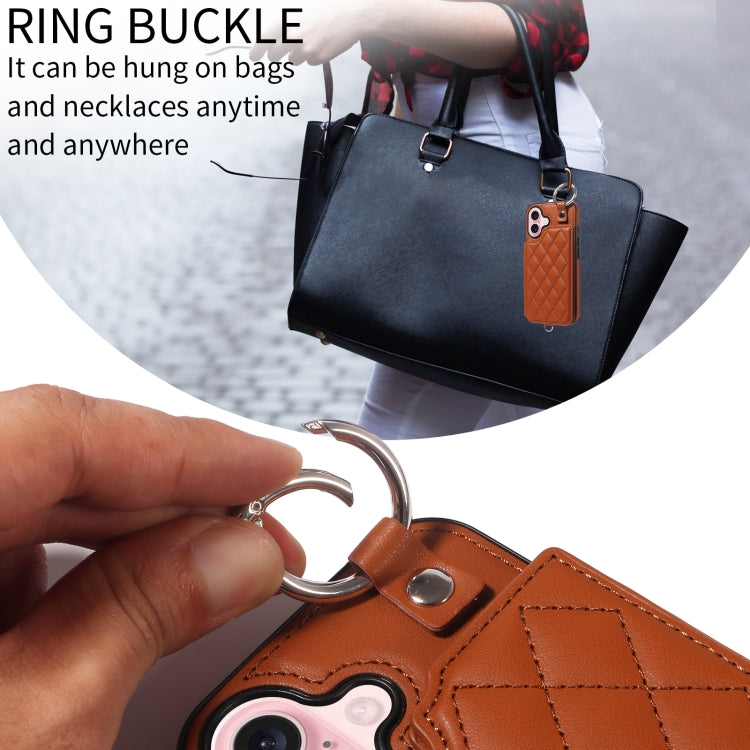For iPhone 16 Rhombic Texture Card Bag Phone Case with Short Lanyard