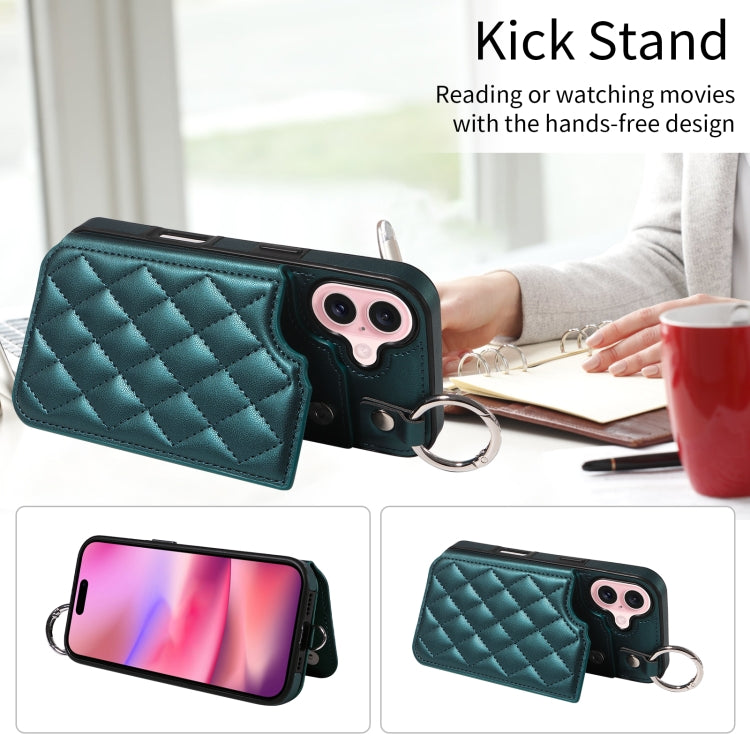 For iPhone 16 Rhombic Texture Card Bag Phone Case with Short Lanyard