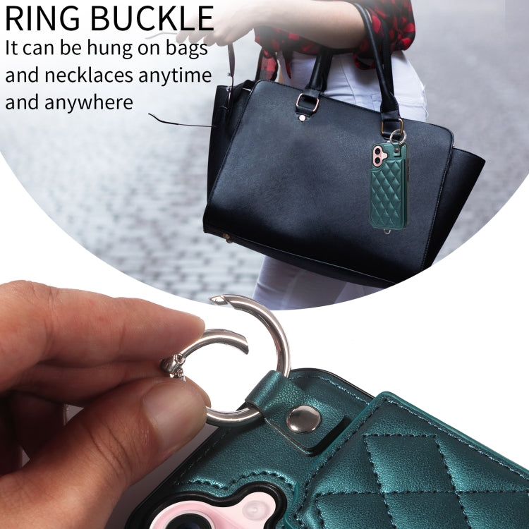 For iPhone 16 Rhombic Texture Card Bag Phone Case with Short Lanyard