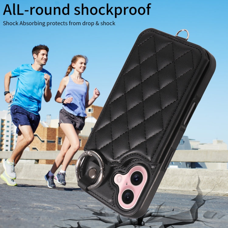For iPhone 16 Rhombic Texture Card Bag Phone Case with Short Lanyard