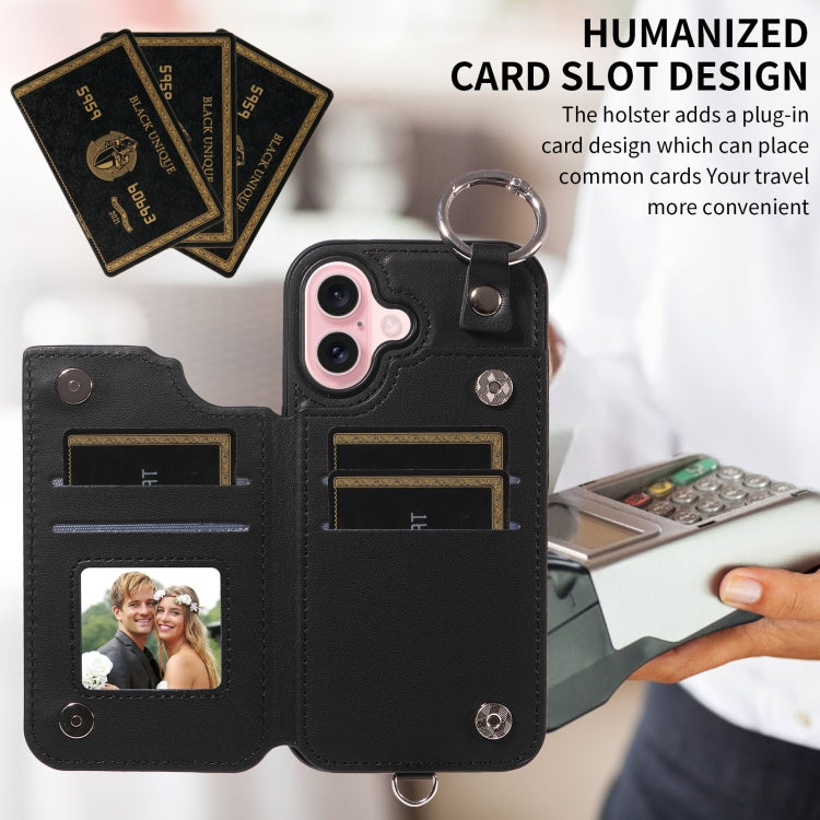 For iPhone 16 Rhombic Texture Card Bag Phone Case with Short Lanyard