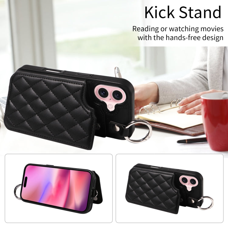 For iPhone 16 Rhombic Texture Card Bag Phone Case with Short Lanyard