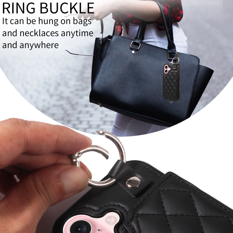 For iPhone 16 Rhombic Texture Card Bag Phone Case with Short Lanyard