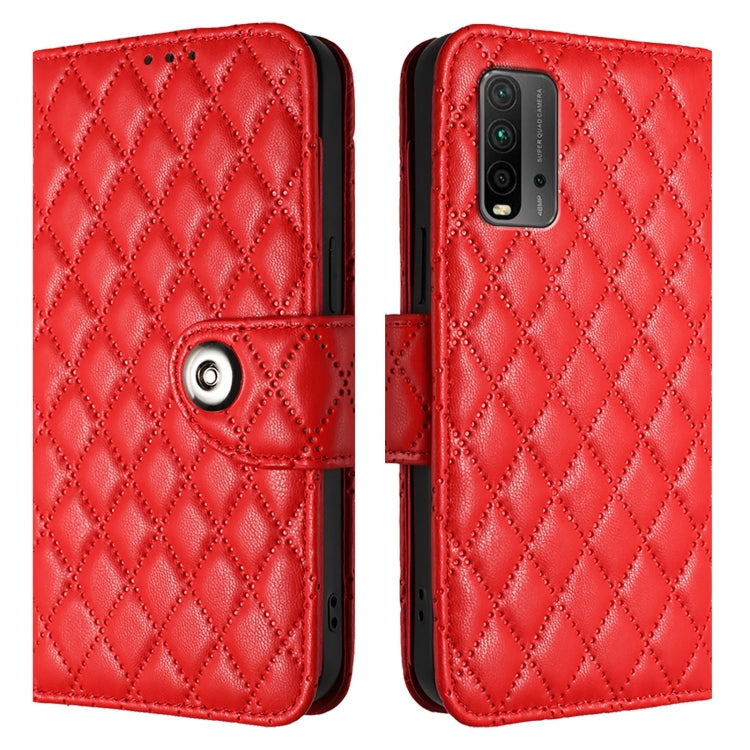 For Xiaomi Poco M3 / Redmi 9T Rhombic Texture Flip Leather Phone Case with Lanyard