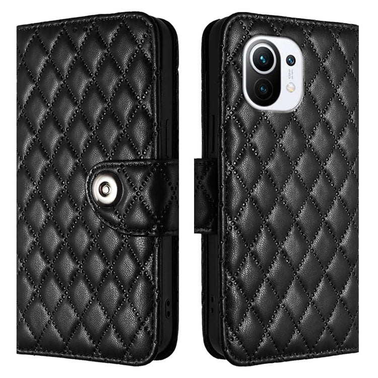 For Xiaomi Mi 11 Rhombic Texture Flip Leather Phone Case with Lanyard