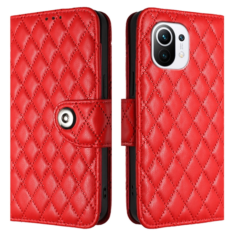 For Xiaomi Mi 11 Rhombic Texture Flip Leather Phone Case with Lanyard