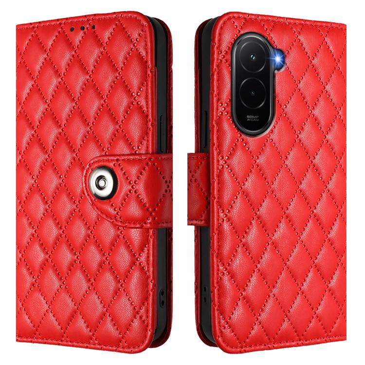 For Xiaomi Poco M7 4G 169mm Rhombic Texture Flip Leather Phone Case with Lanyard