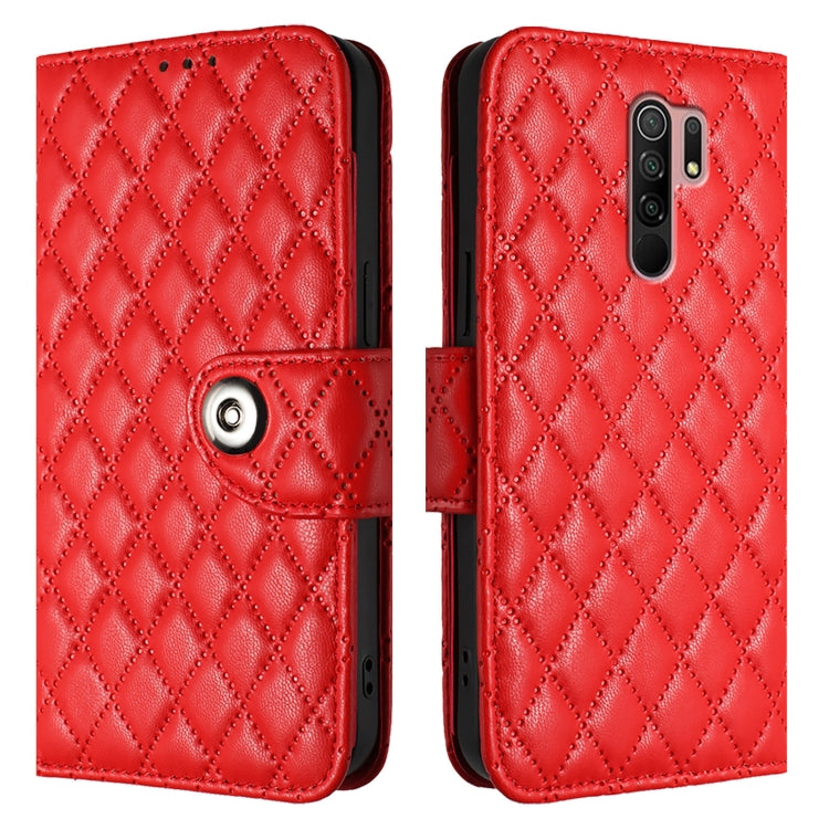 For Redmi 9 / 9 Prime India Rhombic Texture Flip Leather Phone Case with Lanyard