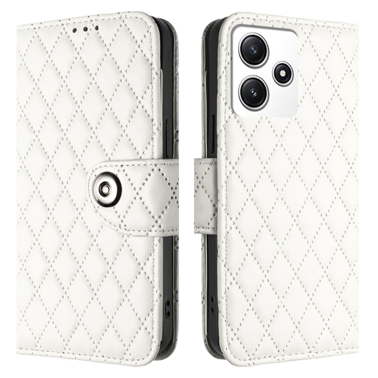 For Redmi Note 12R Rhombic Texture Flip Leather Phone Case with Lanyard